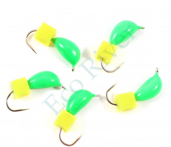 Мормышка безнасад. Яман Банан зеленый, d-3,5 мм, вес 0,7 г, ядреный кубик желтый (уп. 5 шт.)