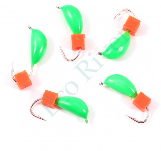 Мормышка безнасад. Яман Банан зеленый, d-4 мм, вес 1 г, ядреный кубик красный (уп. 5 шт.)