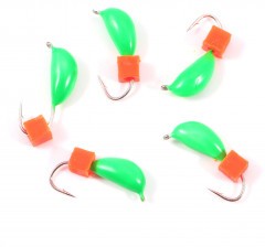 Мормышка безнасад. Яман Банан зеленый, d-4 мм, вес 1 г, ядреный кубик красный (уп. 5 шт.)