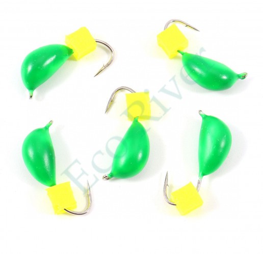 Мормышка безнасад. Яман Банан зеленый, d-4,5 мм, вес 1,3 г, ядреный кубик желтый (уп. 5 шт.)