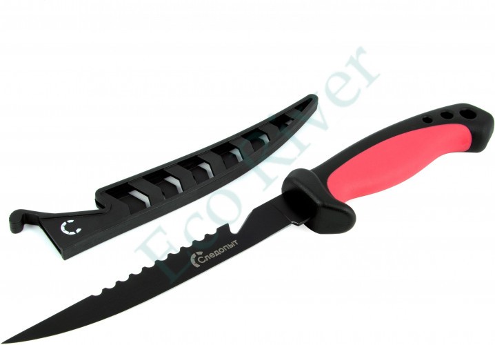 Нож разделочный Следопыт филейный, прорезиненная ручка, дл. клинка 150 мм, черный, в чехле/60/