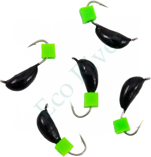 Мормышка безнасад. Яман Банан черный, d-4 мм, вес 1 г, ядреный кубик зеленый (уп. 5 шт.)