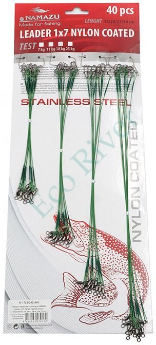 Набор поводков стальных Namazu Leader 1х7 Nylon Coated Green, L-15/20/25/30 см, test- 18 кг (по 10 ш