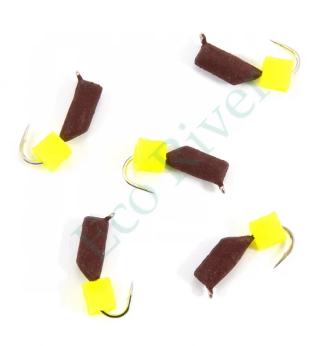 Мормышка безнасад. Яман Гвоздекубик матовый шоколад, d-3 мм, вес 0,85 г, ядр.кубик желтый(уп.5 шт)