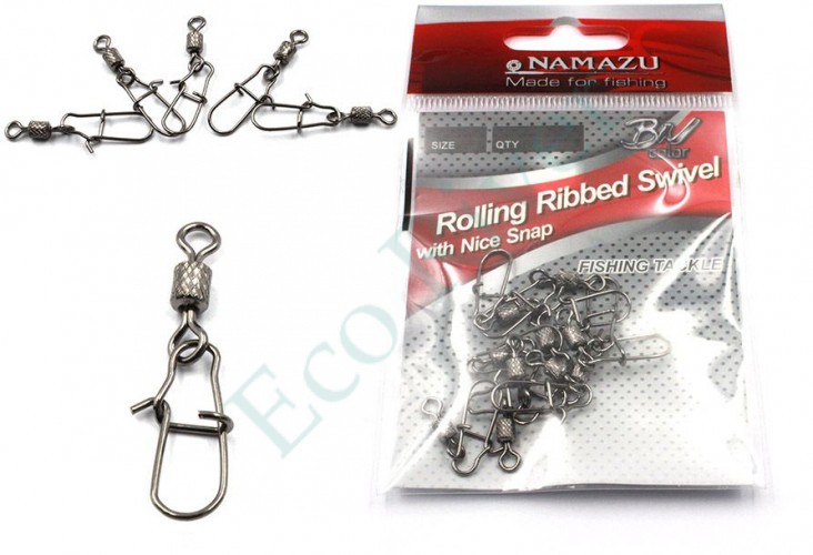 Вертлюг с застежкой Namazu ROLLING RIBBED SWIVEL WITH NICE SNAP, цв. BN, р. 4, test-43 кг, катаный (