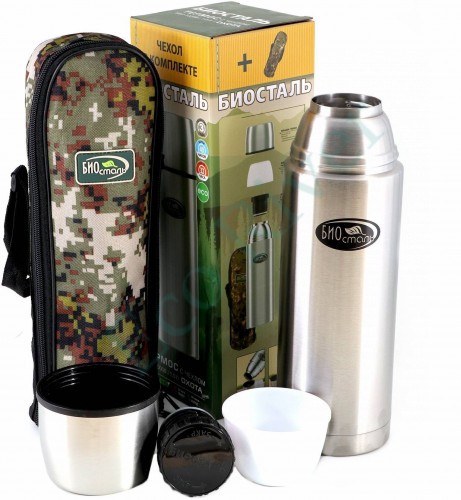 Термос Биосталь-ОХОТА с узкой горловиной, 1,0 л, в чехле/12/