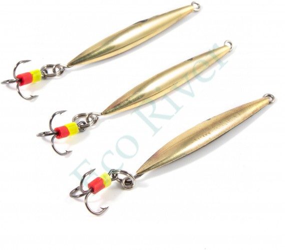 Блесна вертикальная Яман Стрела с тройником,размер 40 мм, вес 2,7 г, цвет латунь (уп.3 шт.)/150/