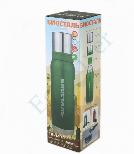 Термос Биосталь-ОХОТА с узкой горловиной, 2 чашки, 1,2 л/12/