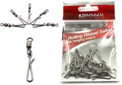 Вертлюг с форелевой заст. Namazu ROLLING RIBBED SWIVEL WITH HANGING SNAP-A, цв. BN, р. 8, test-12 кг