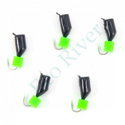 Мормышка безнасад. Яман Гвоздекубик черный, d-3,5 мм, вес 1 г, ядреный кубик зеленый (уп. 5 шт.)