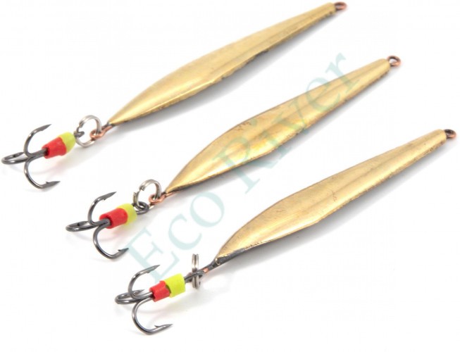 Блесна вертикальная Яман Торпеда с тройником, размер 50 мм, вес 5 г, цвет латунь (уп.3 шт.)/150/