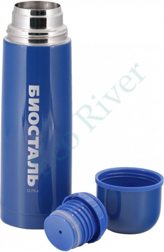 Термос Биосталь с узкой горловиной и пробкой с кнопкой, цв.синий, 0,75 л/12/