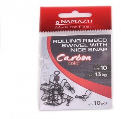 Вертлюг с застежкой Namazu Pro ROLLING RIBBED SWIVEL WITH NICE SNAP, цв. Carbon, р. 10, test-13 кг,
