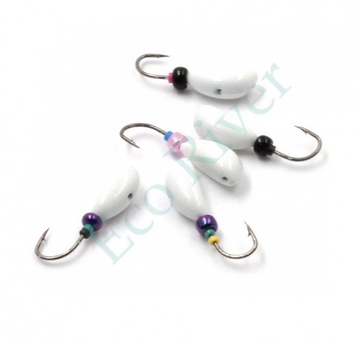 Мормышка литая Яман Жучок, вес 0,5 гр., кр. Kumho №27, цв. бел. с/накопит. (уп. 5 шт.)