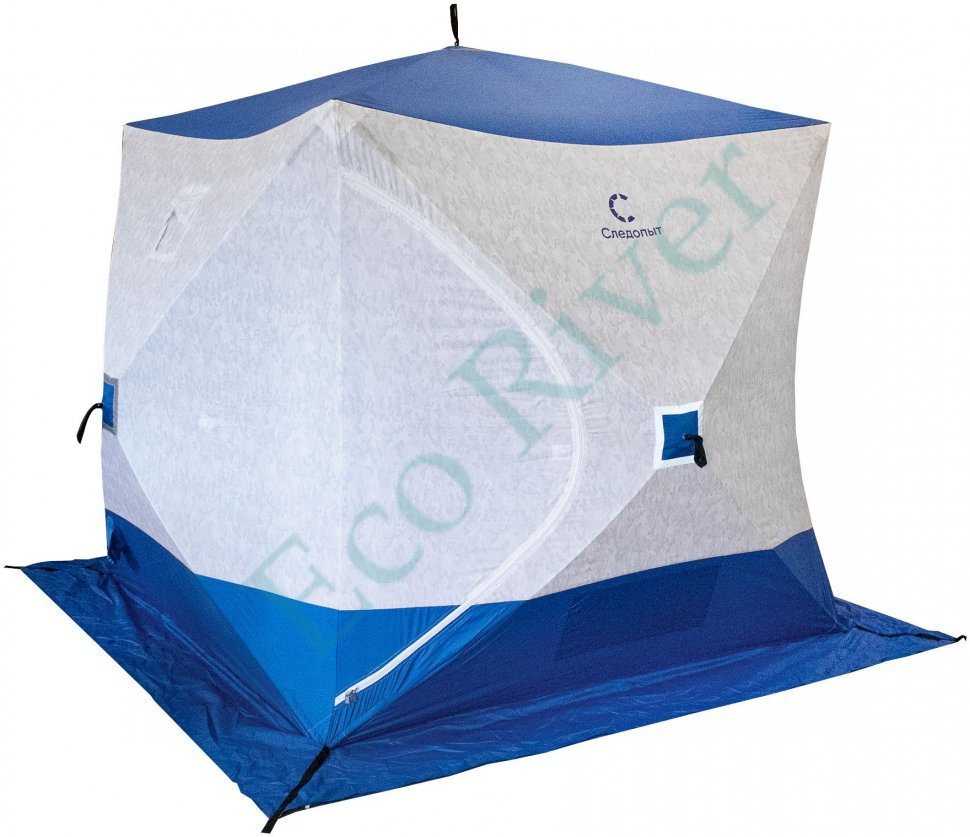 Палатка зимняя куб Следопыт 2,1 х2,1 м,Oxford 210D PU 1000,S по полу 4,4 кв.м,цв.синий/белый с принт