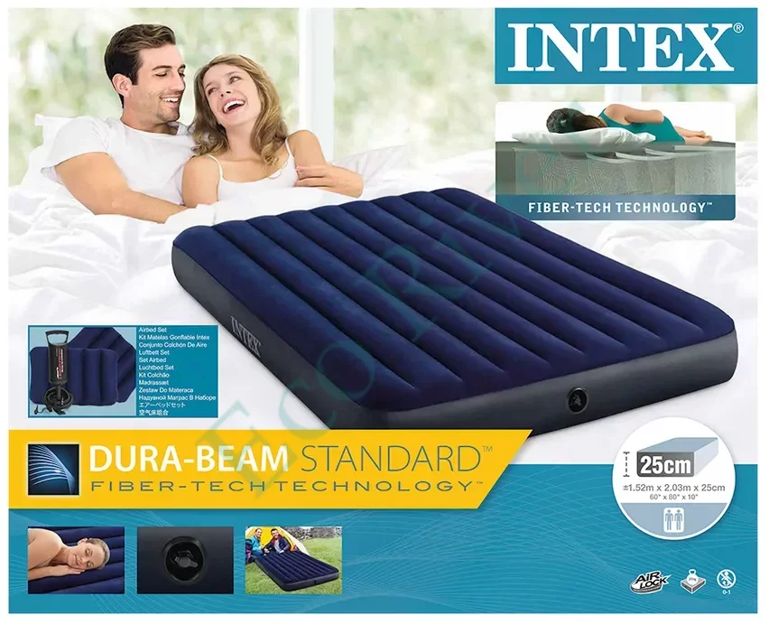 Кровать надувная INTEX флок 2 подушки 152*203*22см с мех. насосом 64765