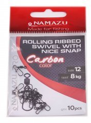 Вертлюг с застежкой Namazu Pro ROLLING RIBBED SWIVEL WITH NICE SNAP, цв. Carbon, р. 12, test-8 кг, к