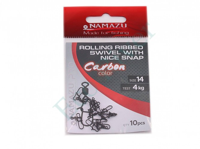 Вертлюг с застежкой Namazu Pro ROLLING RIBBED SWIVEL WITH NICE SNAP, цв. Carbon, р. 14, test-4 кг, к