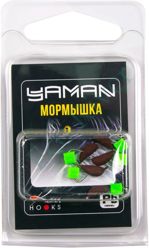 Мормышка безнасад. Яман Банан матовый шоколад, d-3 мм, вес 0,5 г, ядреный кубик зеленый (уп.5 шт)