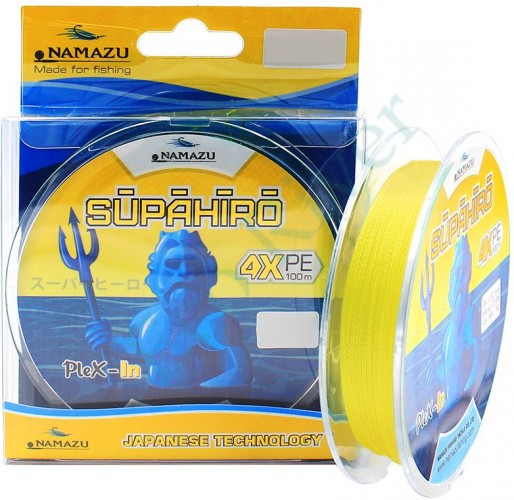 Шнур плетеный Namazu Supahiro 4Х, L-100 м, d-0,23 мм, test-12 кг, желтый/100/