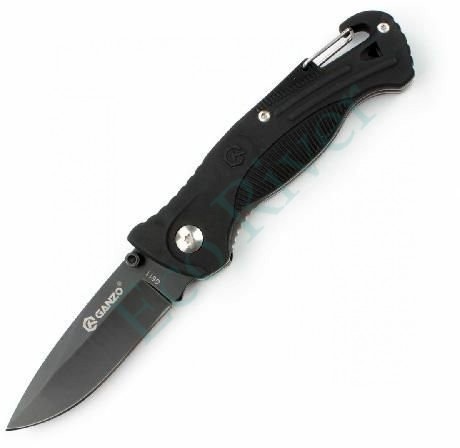 Нож складной Ganzo с зажимом и встроенным свистком, дл.клинка 75 мм, сталь 420С, цв. чёрный