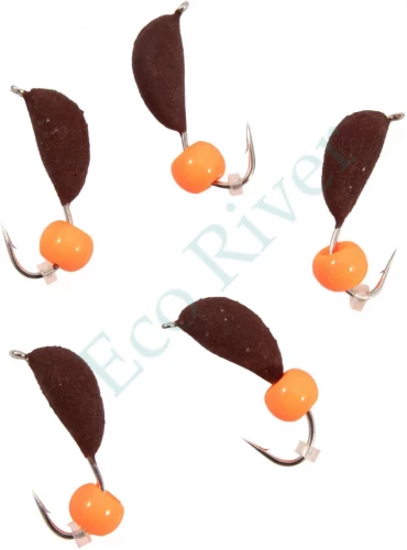 Мормышка безнасад. Яман Банан матовый шоколад, d-4 мм, вес 1 г, шарик оранжевый неон (уп.5 шт)