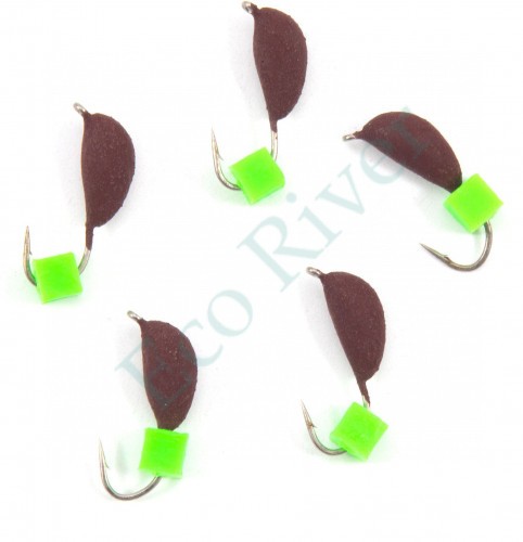 Мормышка безнасад. Яман Банан матовый шоколад, d-4 мм, вес 1 г, ядреный кубик зеленый (уп.5 шт)