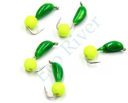 Мормышка безнасадочная Яман Банан зеленый, d-4 мм, вес 1 г, шарик желтый неон (уп. 5 шт.)