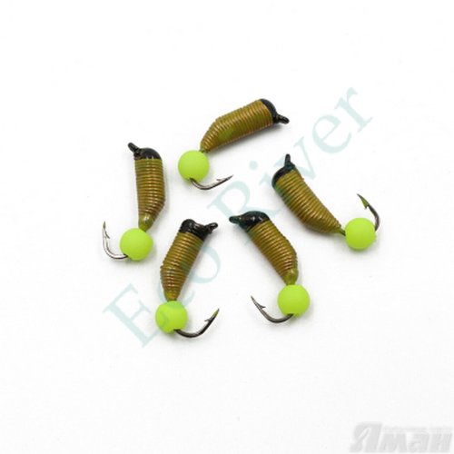 Мормышка вольф. безнасадочная ЯМАН Ручейник №7, d-2.5 мм, L-9.5 мм, вес 0,95 гр., фц. желтый шар, цв. красный (уп. 5 шт.)