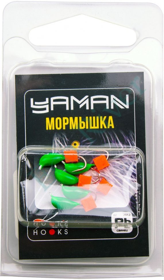 Мормышка безнасад. Яман Банан зеленый, d-3 мм, вес 0,5 г, ядреный кубик красный (уп. 5 шт.)