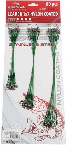 Набор поводков стальных Namazu Leader 1х7 Nylon Coated Green, L-15/20/25 см, test- 18 кг (по 20 шт.)
