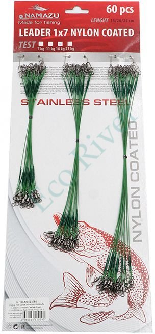 Набор поводков стальных Namazu Leader 1х7 Nylon Coated Green, L-15/20/25 см, test- 23 кг (по 20 шт.)
